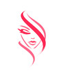 © LiliyaDzyba - Woman logo. Beautiful curl and hairstyle. Beauty salon icon. Makeup and cosmetics. Body care. Lady.