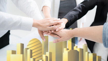 Wall Mural - Hand for work together concept, Hand stack for business and service, Volunteer or teamwork togetherness, Team hand stack over the blurred city. Group of happy people or team participation.