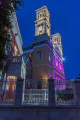 Τhe imposing church of Saint Nicholas, illuminated in purple mourning colours 2 days before Easter.