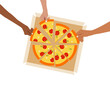 © Vik10 - People having dinner together and sharing a huge pizza , hands top view. Vector illustration