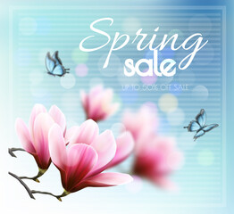 Poster - Nature spring background with beautiful magnolia branches and butterflies. Spring sale vector.