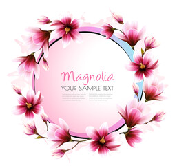 Poster - Beautiful pink magnolia getting card. Vector.
