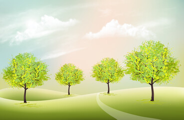 Poster - Beautiful summer nature background with a green trees and landscare. Vector.