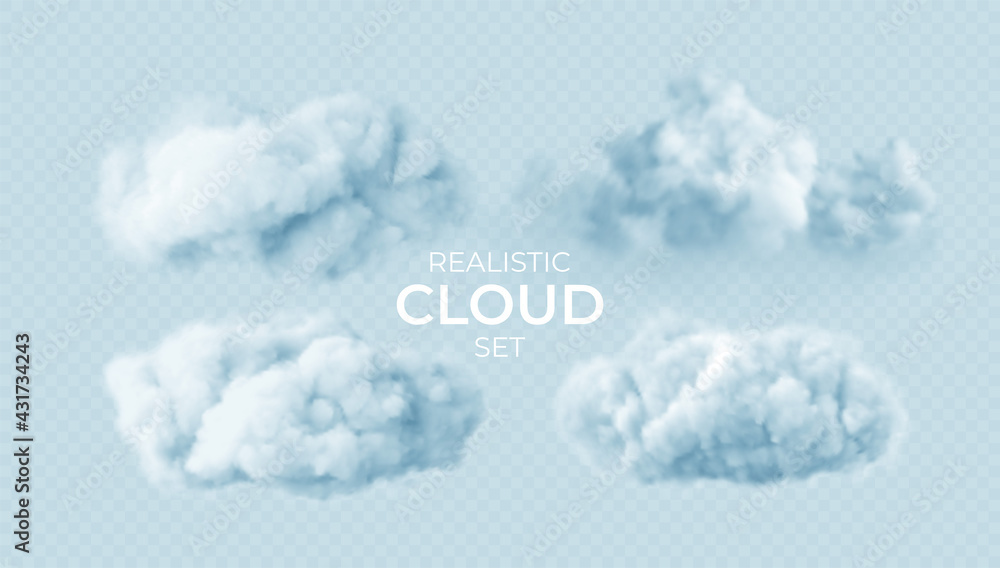 Realistic white fluffy clouds set isolated on transparent background ...