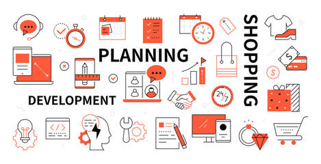 Development, planning and shopping - line design style icons
