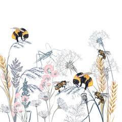 Poster - Beautiful elegant vector illustration with plants bees and bumblebee