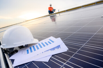 Solar panels of a solar power station at a photovoltaic power station Engineers working on the inspection and maintenance of solar energy equipment in the industry. Power chart section