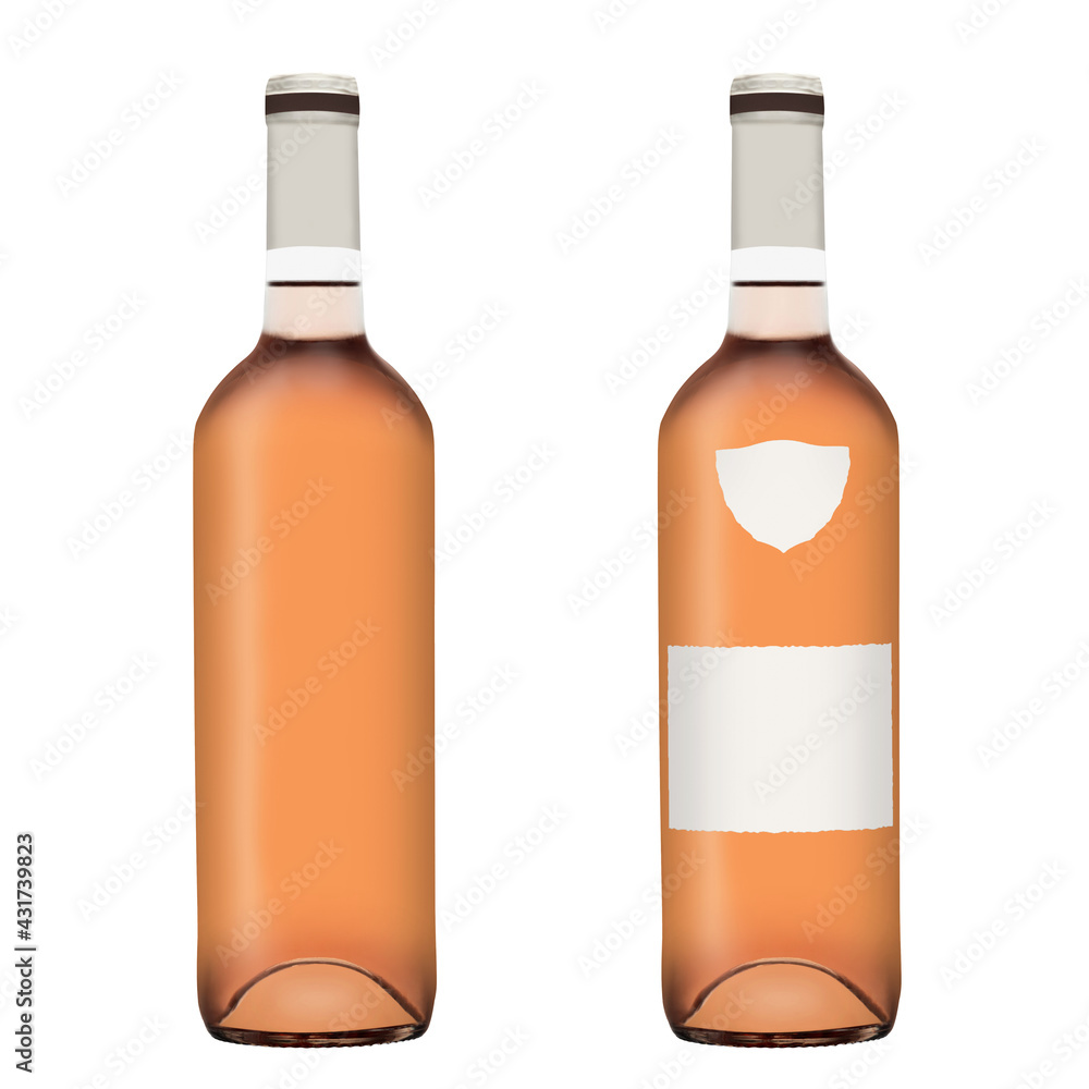 Butelka różowego wina na białym tle. Z etykietami lub bez. - obrazy, fototapety, plakaty 
