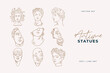 Linear drawings of heads of antique statues of the goddess and mythical god in the engraving style. Creative minimal linear woman vector with growing branch from her head.