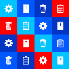 Sticker - Set Cogwheel gear settings, Holy bible book, Trash can and Clipboard with document icon. Vector