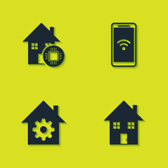 Sticker - Set Smart home, House, settings and Mobile with wi-fi wireless icon. Vector