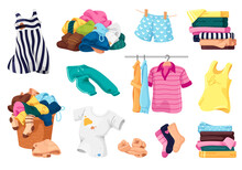 Collection Dirty And Clean Clothes Vector Flat Illustration. Household, Laundry Service And Hygiene