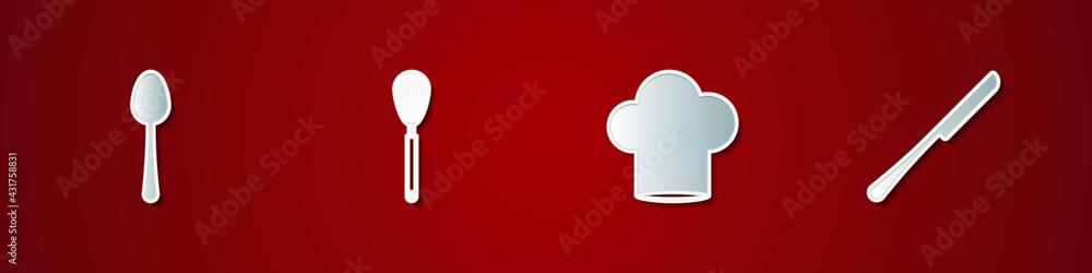 Set Spoon, Kitchen whisk, Chef hat and Knife icon. Vector