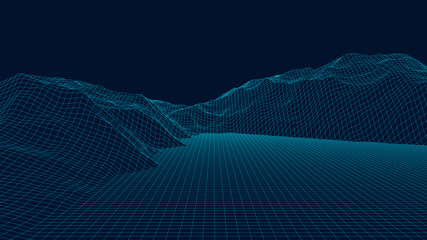 Poster - Vector landscape of mountains. Technology futuristic illustration. Vector background of wireframe 3d landscape.
