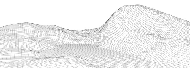 Poster - Vector landscape of mountains. Technology futuristic illustration. Vector background of wireframe 3d landscape.