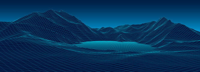 Poster - Vector gradient landscape of mountains. Technology futuristic illustration. Vector background of wireframe 3d landscape.