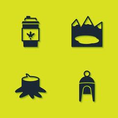 Poster - Set Coffee cup to go, Winter hat, Tree stump and Canadian lake icon. Vector