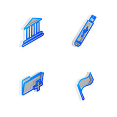 Sticker - Set Isometric line USB flash drive, Bank building, Add new folder and Flag icon. Vector