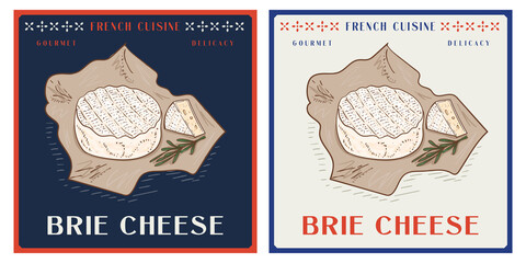 Wall Mural - Brie cheese with rosemary on paper vintage realistic illustration