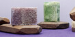 Soap with loofah sponge inside. Purple and green glycerin soaps with natural scrub.