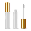 © gomolach - Vector 3d Realistic Closed, Opened White Lip Gloss, Lipstick Package, Golden Cap Set Isolated. Glass Container, Tube, Lid, Brush. Plastic Transparent Bottle Design Template, Mockup. Front View