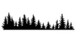 Fir trees silhouettes. Coniferous spruce horizontal background pattern, black evergreen woods  illustration. Beautiful hand drawn panorama of a coniferous forest