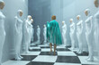 woman walks in a human cloning factory