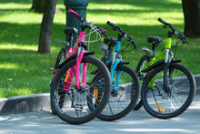 Three Bicycles On Park Background. Bicycles For Rent. Children's Bicycles In Bright Colors.