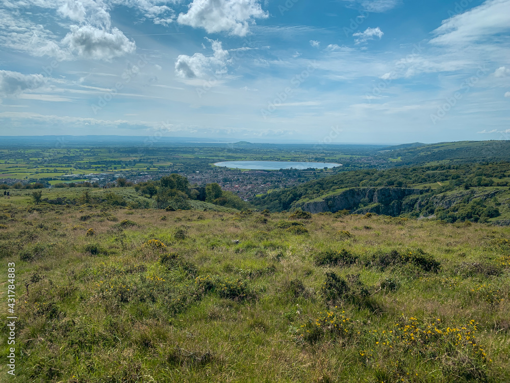 Landscape with a lake and clouds. View of Cheddar Gorge 