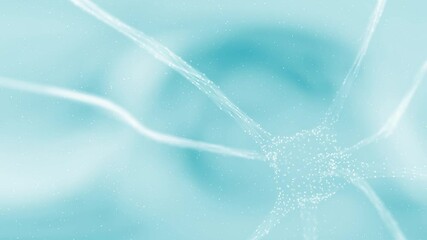 Wall Mural - flickering glowing transparent neuron brain cell. bright blue clean background with smoke effect.