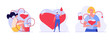 Volunteers people donating blood. Donor woman standing with heart. Concept of donation, world blood donor day, plasma. Vector illustration in flat design for background, banner, card