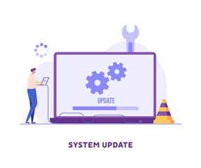 user updating operation system with progress bar. software upgrade and installation program. concept