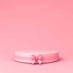 Aufkleber - Pink blank round podium pedestal with pink pastel color ribbon bow isolated on light pink background minimal conceptual 3D rendering