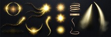 Set Of Spotlight Isolated On Transparent Background. Glowing Shiny Spirals Light Effect With Gold Rays And Beams. Bright Gold Flashes And Glares. Bright Rays Light. Glowing Lines. Vector Illustration