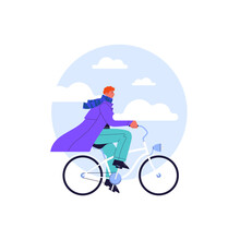 Flat Illustration Of A Guy With Red Hair Riding White Vintage Cruiser Bicycle With Blue Sky And Clouds Cropped In Circle On The Background