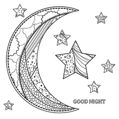 Wall Mural - Zentangle moon and star with abstract patterns on isolation background. Design for spiritual relaxation for adults. Line art creation. Black and white illustration for anti stress colouring page. 