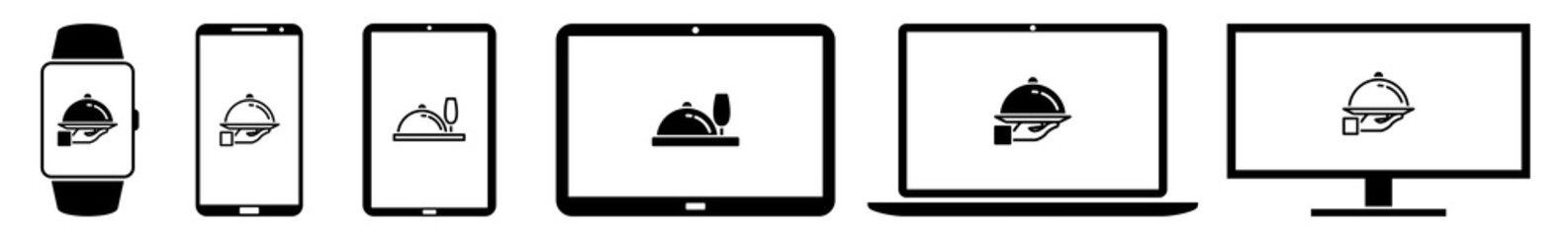 Wall Mural - display restaurant, food, delivery, eating, deliver, cafe icon devices set | web screen device onlin