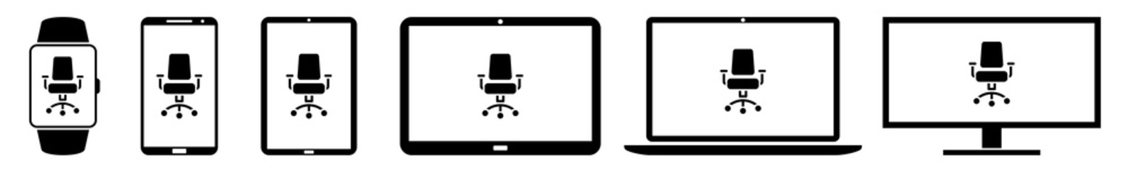 Wall Mural - display office, chair, internet, web icon devices set | web screen device online | laptop vector ill