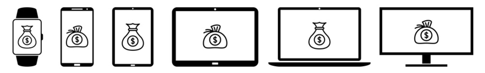 Wall Mural - display dollar, money, bag, cash, rich, crypto, currency, banking icon devices set | web screen devi