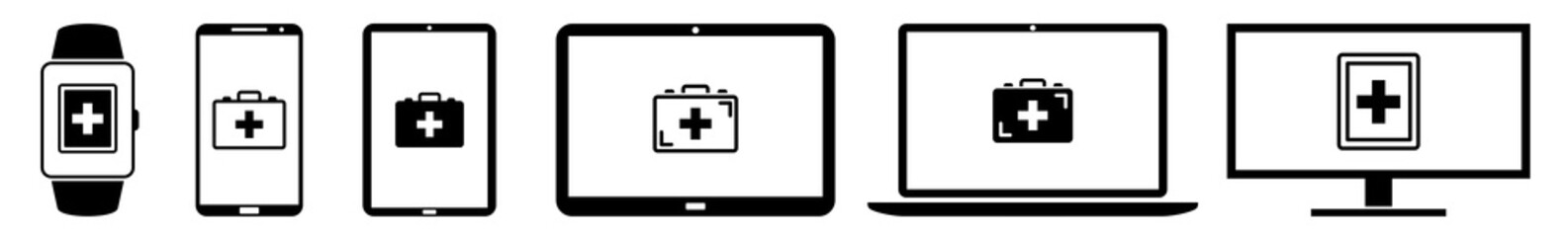 Wall Mural - display first, aid, kit, emergency, box, medical icon devices set | web screen device online | lapto