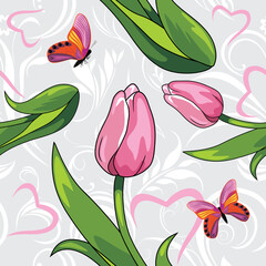 Wall Mural - seamless vintage pattern witn pink tulips and bright butterflies