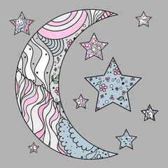 Wall Mural - Zentangle moon and star with abstract patterns on isolation background. Design for spiritual relaxation for adults. Line art creation. Outline for tattoo, printing on t-shirts, posters and other items