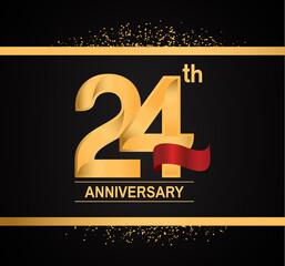 24 years anniversary logotype with premium gold color and red ribbon with glitter background isolated on black background. can be use for celebration and party