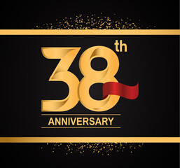 Wall Mural - 38 years anniversary logotype with premium gold color and red ribbon with glitter background isolated on black background. can be use for celebration and party