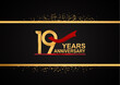 19 years anniversary logotype with golden color and red ribbon with glitter background isolated on black background. vector can be use for party, company special event and celebration moment