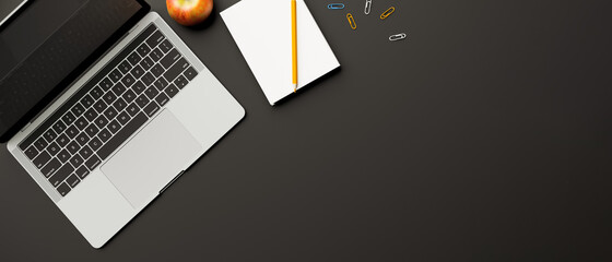 top view, 3d rendering, dark study table with laptop, stationery, apple and copy space