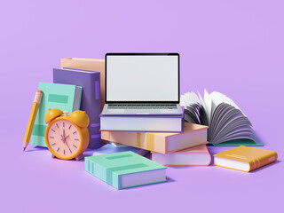 Online education, E-learning concept. laptop on top of stacks of book, online video training via computer laptop. 3d render illustration