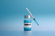 Covid 19 Vaccine ampoule and syringe, Coronavirus vaccine treatment on light blue background. 3d render illustration