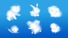 Cloud Animals, Realistic Fluffy Eddies In Shape Of Cute Rabbit, Bear, Elephant And Pig With Chick And Snail Flying On Blue Transparent Background, Weather And Nature Kids Design Elements 3d Vector Set