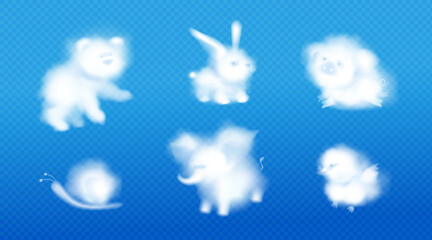Wall Mural - cloud animals, realistic fluffy eddies in shape of cute rabbit, bear, elephant and pig with chick an
